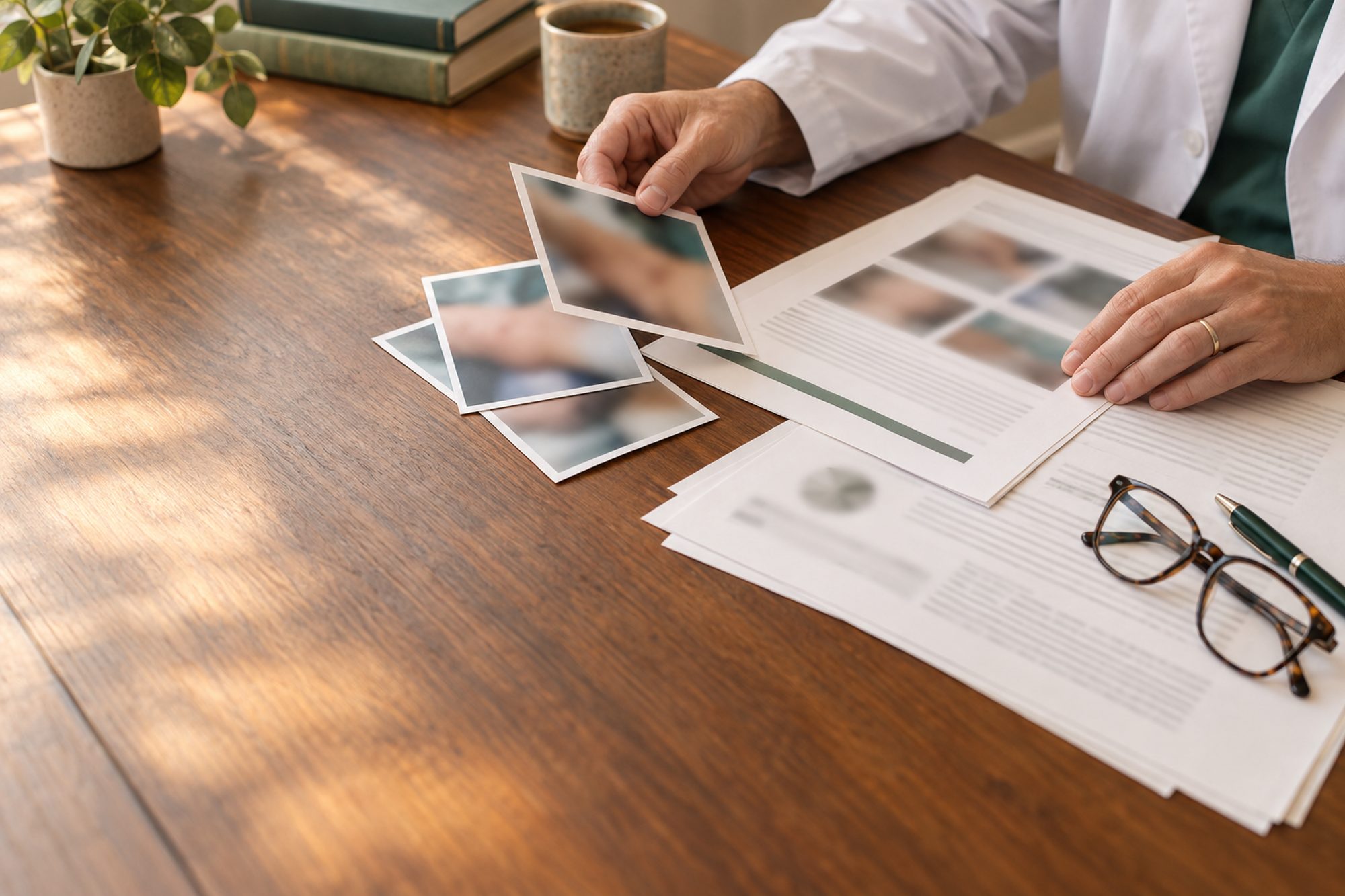 A clinician reviewing printed case reports